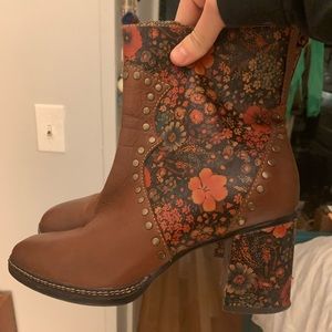 Spring Step Brown Floral Leather Heeled Boots